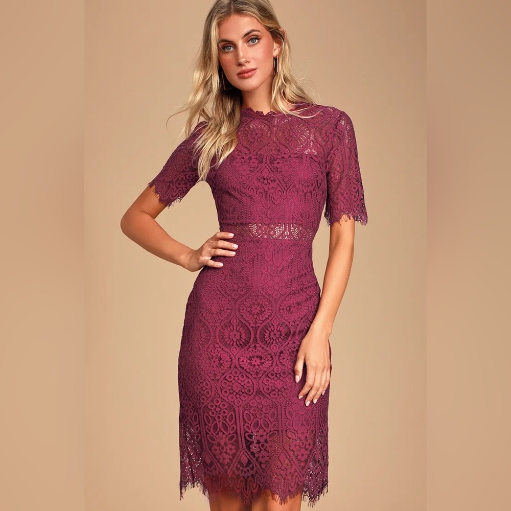 Lulus Remarkable Burgundy Sheer Lace Short Sleeve Mini Dress